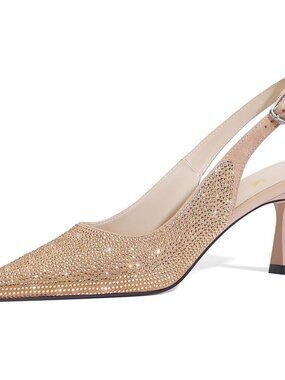 Women's Beige Kitten Heels Slingback Low Heel Dress Shoes Rhinestone Pointed Toe